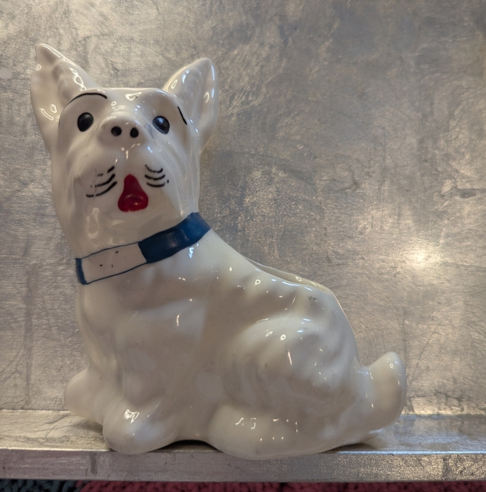 Vintage Ceramic Scotty Dog Planter Blue Collar